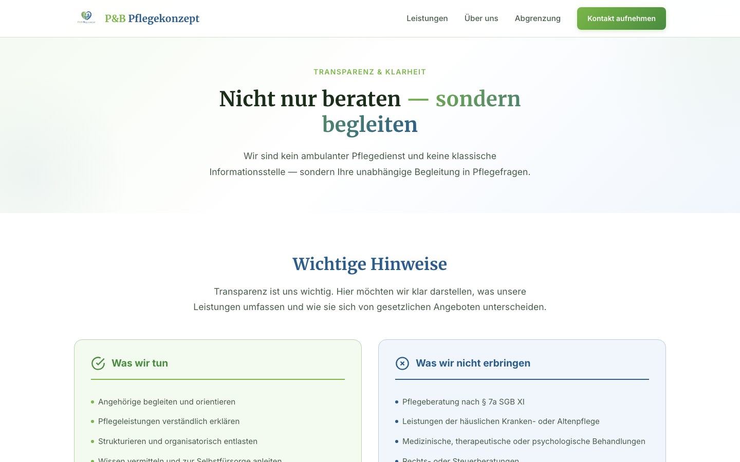 P&B Abgrenzung Seite zur Positionierung gegenüber klassischer Beratung