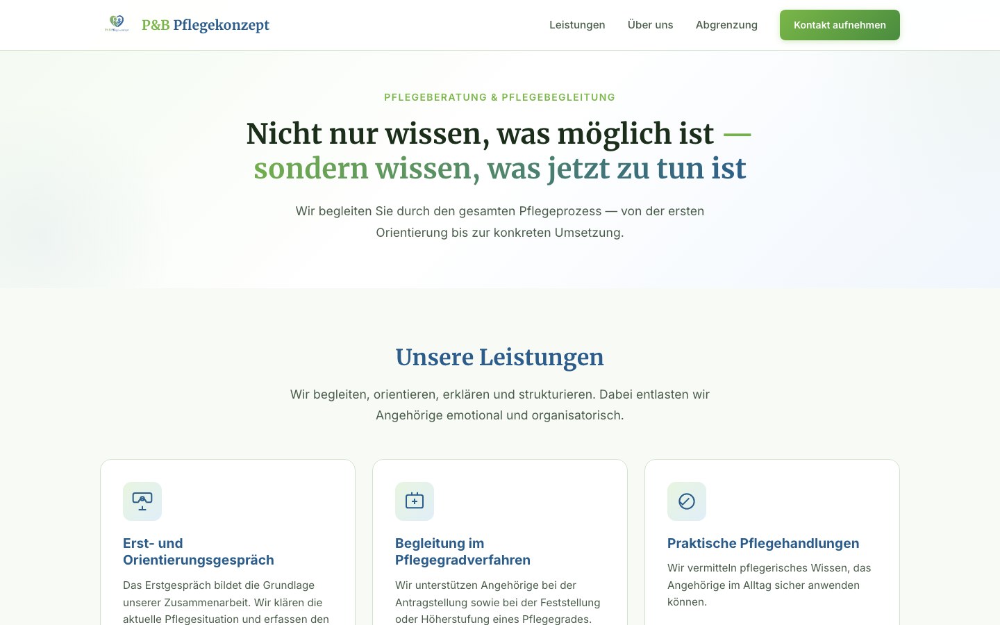P&B Leistungen Seite mit Service-Karten und Pflegeprozess-Headline