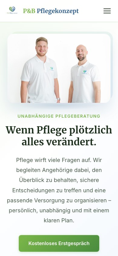P&B Pflegekonzept Startseite mobil mit Headline und Erstgespräch-Button