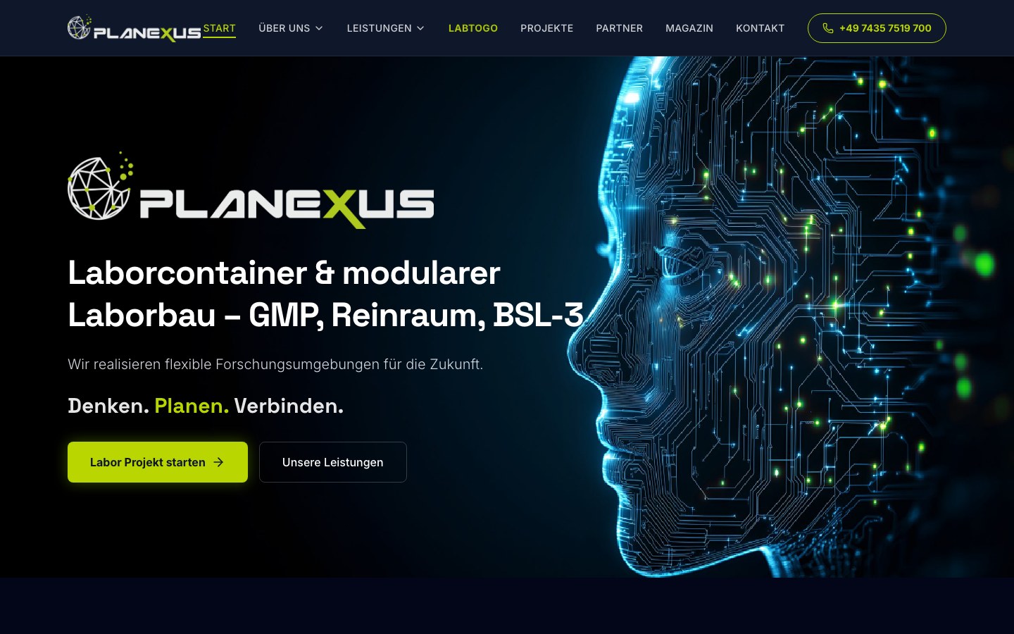 Planexus Startseite Desktop: dunkler Hero mit Circuit-Kopf und Lime-CTAs