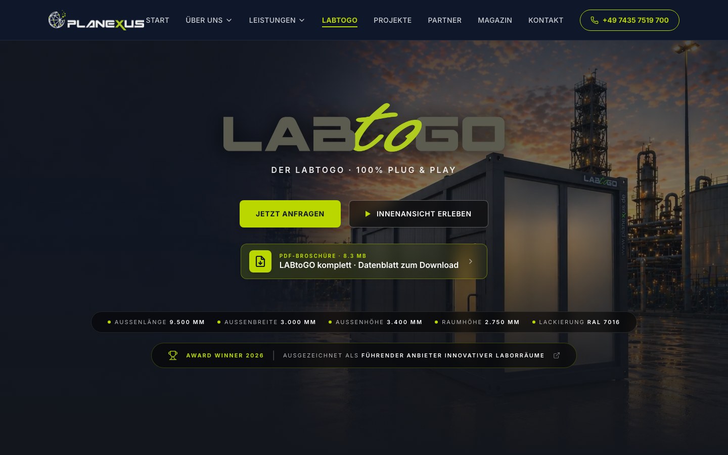 Planexus LABtoGO Produktseite mit Container-Visual und Specs