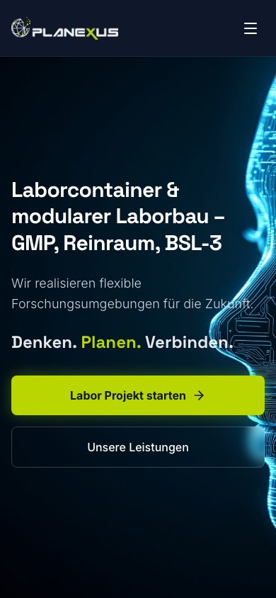 Planexus Startseite mobil mit Headline und CTAs