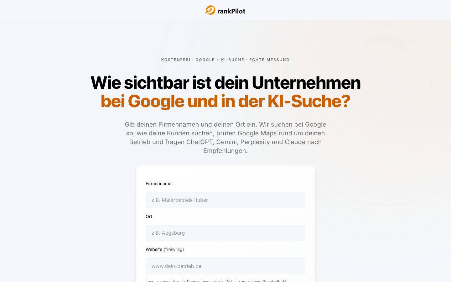 rankpilot.de Sichtbarkeits-Check: Firmenname und Ort eingeben