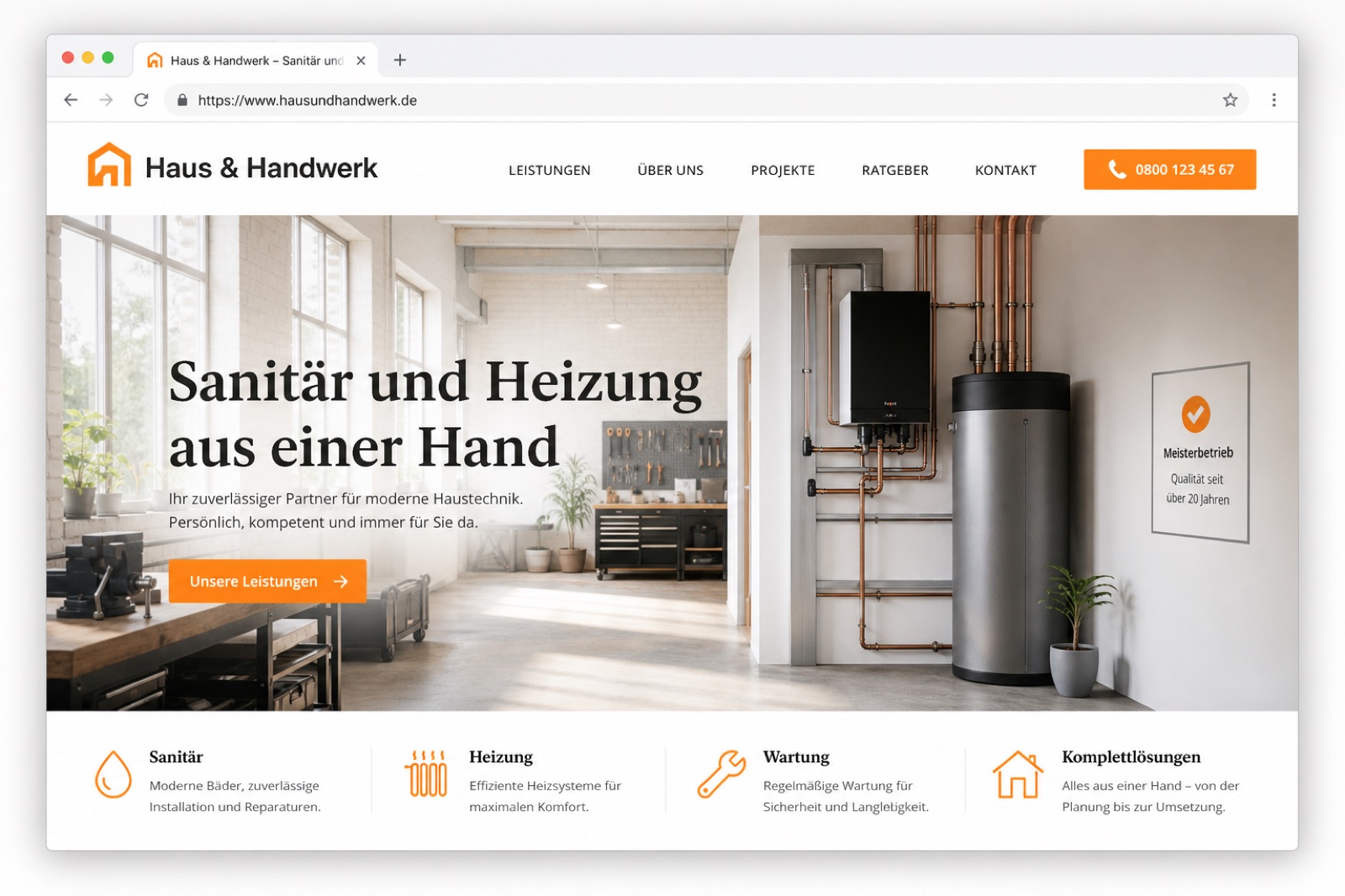 Beispiel einer Unternehmenswebsite auf dem Desktop, individuelle Startseite mit klarer Struktur