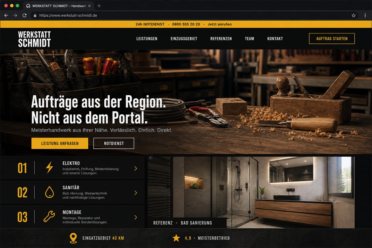 Handwerker: Beispiel einer Unternehmenswebsite auf dem Desktop