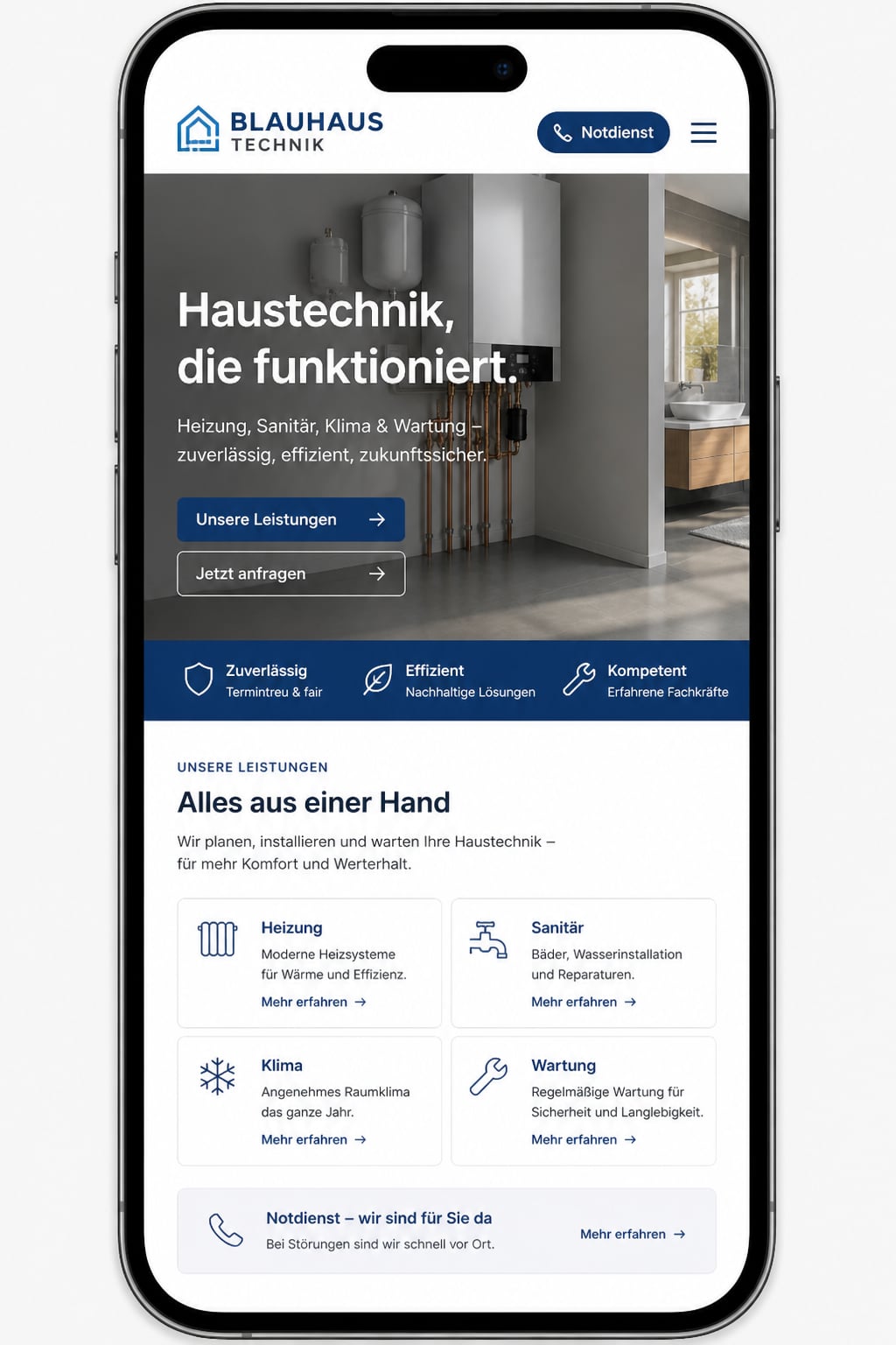 Sanitär & Heizung: Mobile Ansicht derselben Unternehmenswebsite