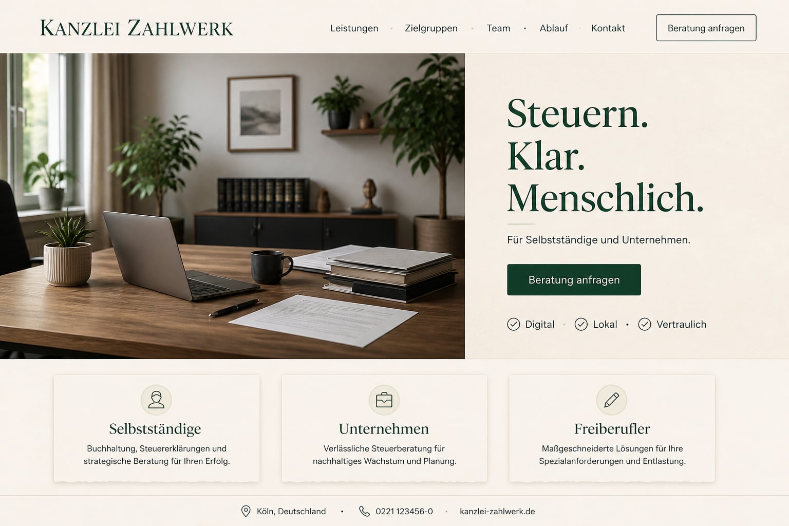 Steuerberater: Beispiel einer Unternehmenswebsite auf dem Desktop